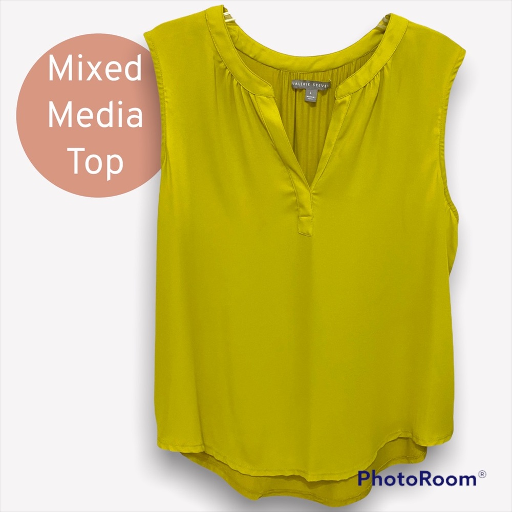 Mixed media chartreuse sleeveless top V-neck. Sz L